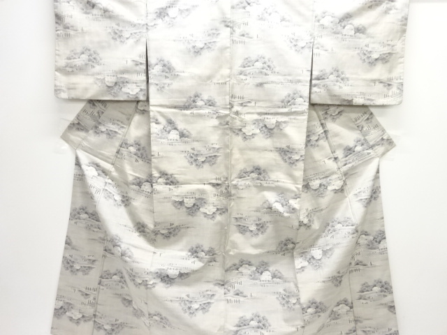 JAPANESE KIMONO / SILK / SHIRO OSHIMA TSUMUGI / WOVEN BRIDGE & HOUSES